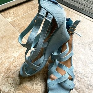 Blue cloth strappy light blue sandals with wedge heel.  Size 8.5